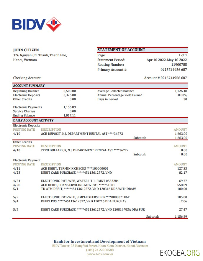 Relevé bancaire Vietnam BIDV